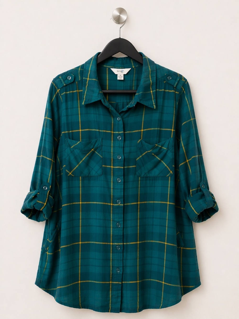 Terra & Sky Plaid Button Down Shirt 1X Green Teal Roll Tab Sleeve Plus Size